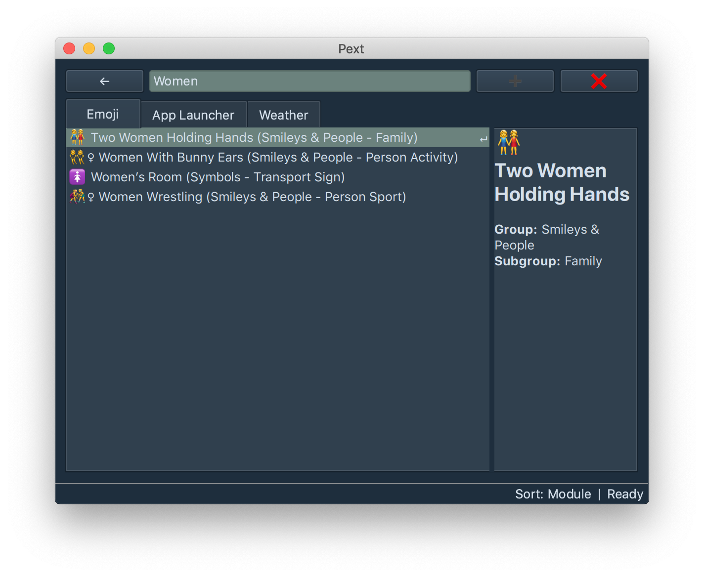 Screenshot of the Pext module for emojis running macOS
